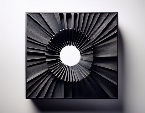 abstract black square box with radial void cut out on white background