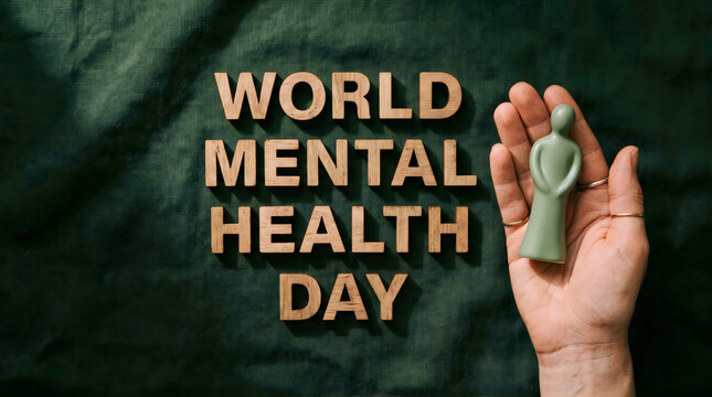 A conceptual image for world mental health day featuring a small human figurine held in a hand