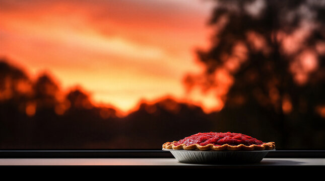 Cranberry pie cooling on a windowsill indoors during a vibrant autumn sunset view
