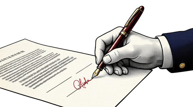 Hand signing document with red fountain pen on paper, halftone illustration style
