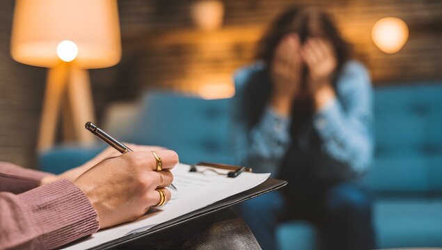 Psychotherapie Beratungssitzung Nahaufnahme von Therapeuten Notizen mit Betroffenem Patienten im Hintergrund f&uuml;r Mental Health Artikel und Praxis-Webseiten