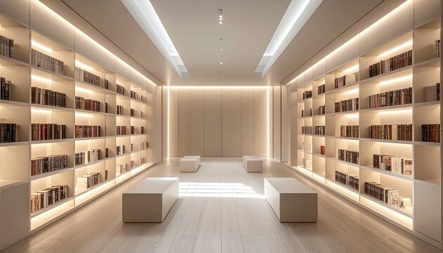 Minimalist library corridor with glowing warm bookshelves.