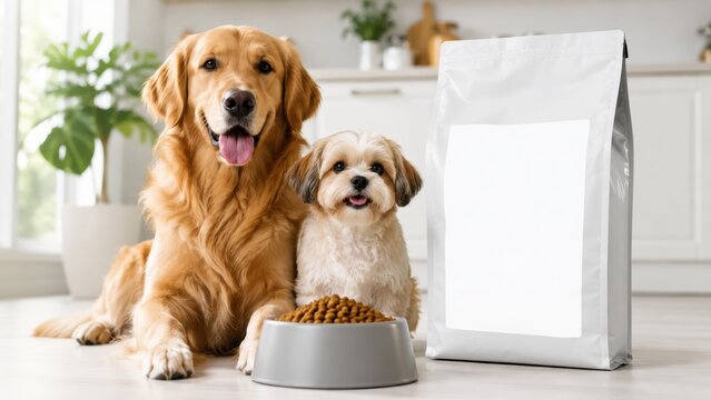 golden retriever and small fluffy dog sitting beside bowl of dry kibble and blank white pet food bag in bright modern kitchen