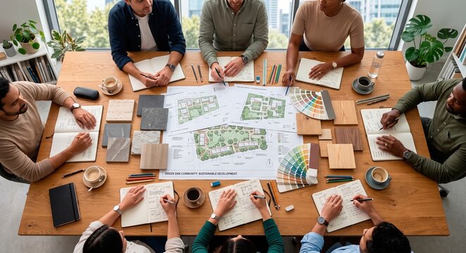 Professional team collaborating on urban planning and sustainable development projects with architectural drawings, material samples and color palettes in a modern office meeting.