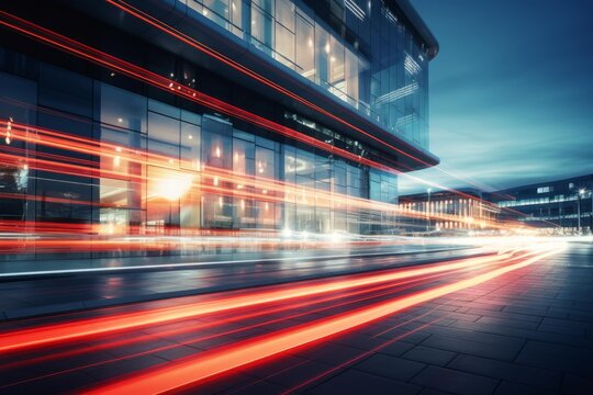 Urban street scene showing modern buildings and fast moving traffic light trails