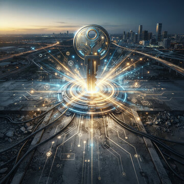 Glowing circuit key hovering above a railway track beside a dusk cityscape