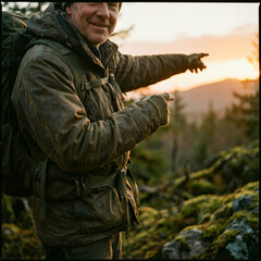 Fototapeta premium Man in a waxed canvas jacket pointing towards a forest ridge at sunset