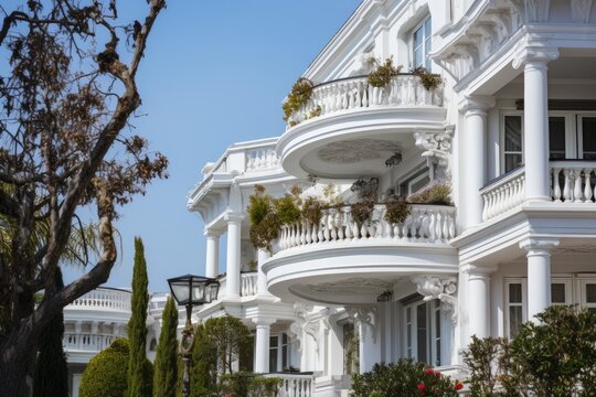 White luxury mansion exterior showcasing ornate architecture and multiple balconies against a blue sky