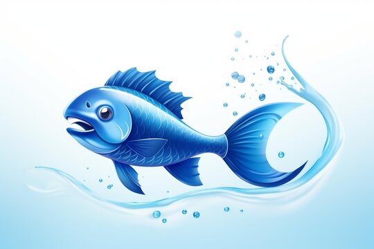 Blue fish swimming creating water splash and clear bubbles on white background