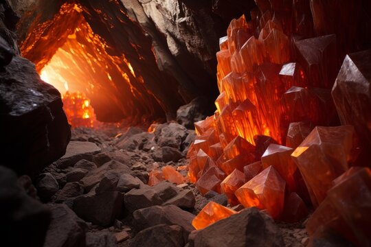 Subterranean cave interior featuring glowing deep orange crystals and a fiery path ahead