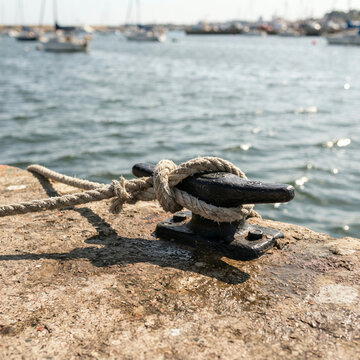 Natural fibre rope knotted on a bollard on a sunlit concrete harbour pier