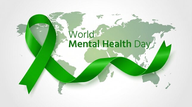 World mental health day concept with a green ribbon and world map in the background