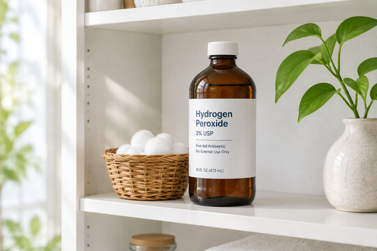 Amber glass hydrogen peroxide bottle with wicker basket and cotton balls on white shelf, home care and pharmacy concept