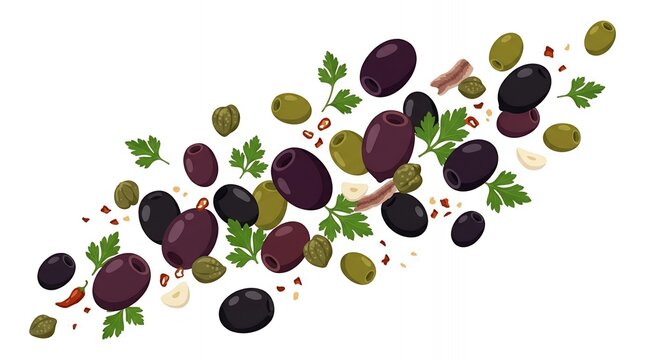 Falling black and green olives with fresh parsley capers garlic and red chili flakes isolated on a white background