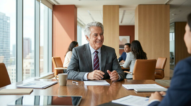 Senior man gesturing at a conference table in a warm city view office room
