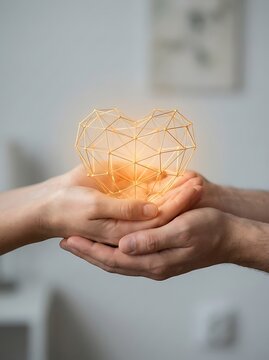 Hands holding glowing wireframe heart