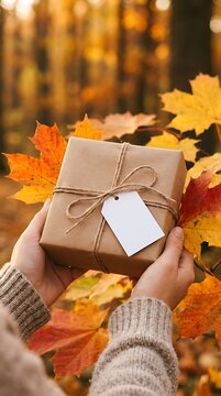 Hands holding wrapped gift box with autumn leaves brown paper