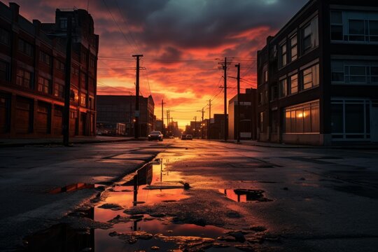 City street reflecting a vibrant red sunset sky in wet asphalt after rain