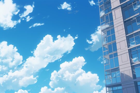 Blue sky with white cumulus clouds next to a contemporary glass building