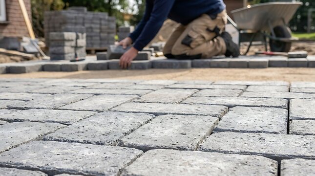 Worker laying gray paving stones outdoors pavement