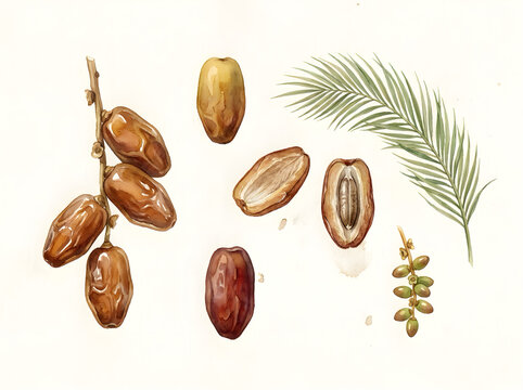 Watercolor illustration of date fruits on a branch with palm leaf and isolated fruits date fruit dried fruits botanical illustration watercolor art tropical fruit sweet fruit