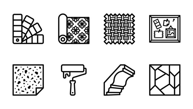 Interior Design Icons: A collection of vector icons illustrating elements of interior design, including color swatches, wallpaper, fabric, a corkboard, paint roller, molding, and various patterns.