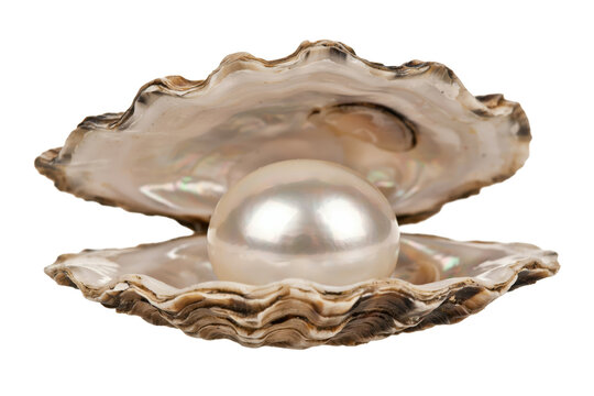 A large lustrous white pearl resting inside an open rough textured oyster shell showing nacreous interior layers isolated on a transparent background