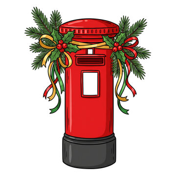 Post box decorated with festive pine branches and ribbons clipart on transparent background
