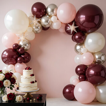 An elegant photo booth with a large arch of burgundy, pink and cream balloons, shining stars, a three-tiered birthday cake