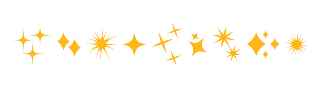 Star icon, simple light shape. Christmas sparkle pictogram, cute shine set. Gold magic glitter, starburst sticker isolated on white background. Trail path luxury curve. Festive vector illustration