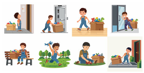 Fototapeta premium Cartoon Boy Moving Cardboard Box with Toys, Childhood Play and Moving House Concept Illustrations