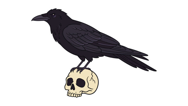 black raven crow perched on human skull, spooky gothic halloween illustration with dark bird and bone symbol isolated on white background for posters, cards and seasonal decor