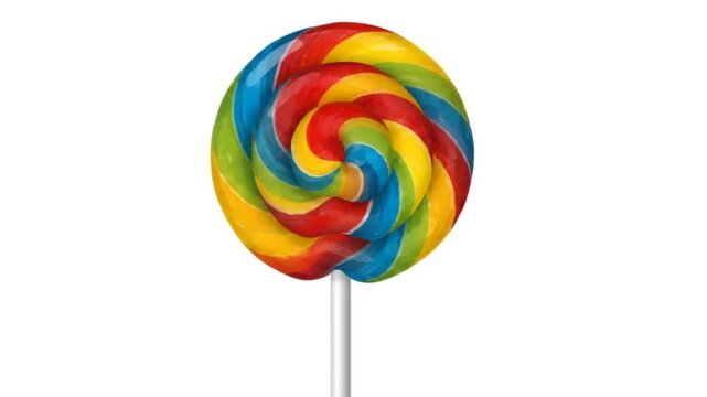 Large swirl lollipop with rainbow colored stripes on a white stick candy sweet
