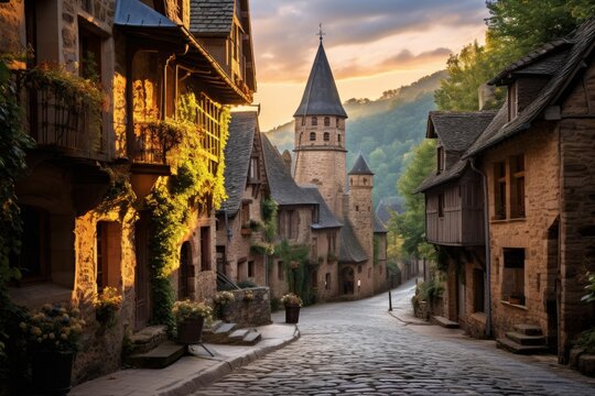 Cobblestone street winding through a historic european village, bathed in warm sunset light