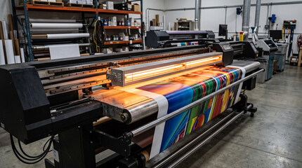 Fototapeta premium Industrial printing machine in a warehouse printing a colorful banner