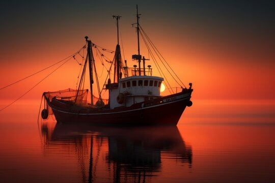 Fishing boat reflecting on serene water with the setting sun behind it