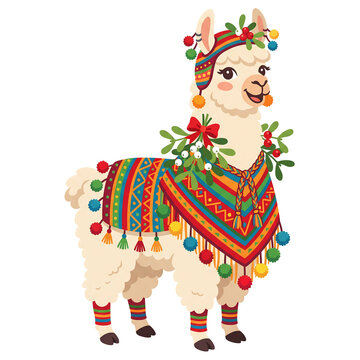 Cute llama wearing traditional poncho and festive mistletoe decoration clipart on transparent background