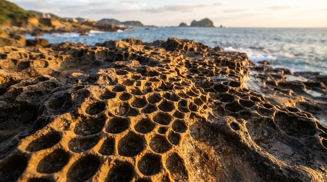 Stunning hexagonal honeycomb rock formations on the coast of New Zealand, created by tafoni weathering, golden hour sunlight hitting the rugged rocky shoreline with the ocean in the background