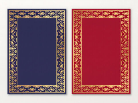 Traditional Japanese greeting card mockup set. Blank navy blue and red templates with golden asanoha geometric border. Elegant oriental background with copy space. Digital illustration.