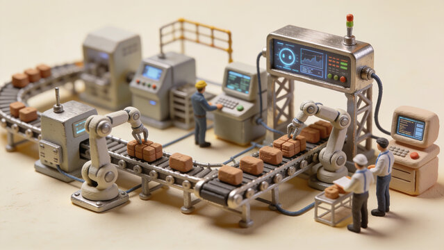 3D Clay Claymation Smart Manufacturing Factory Assembly Line with Robotic Arms, Engineers Operating Machine Screen, AI Industrial Automation, and Product Assembly Concept