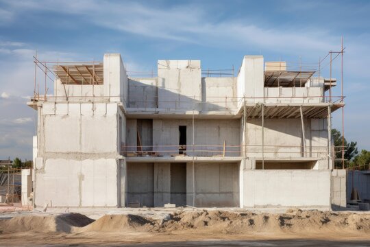 Concrete residential building frame under construction with scaffolding against a blue sky