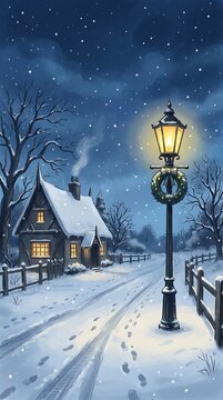 A cozy cottage in a snowy winter landscape at night with a glowing street lamp decorated with a wreath and footprints in the fresh snow