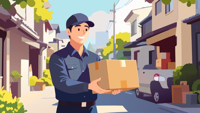 住宅街で荷物を届ける男性ドライバー_1920x1080px