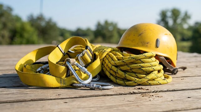 Yellow climbing harness with carabiners and a coiled yellow rope with black flecks resting on a weathered wooden platform in an outdoor forest