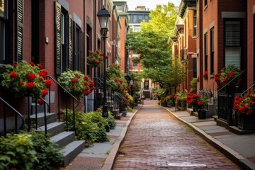 Fototapeta premium Cobblestone alleyway with elegant red brick row houses and abundant blooming plants