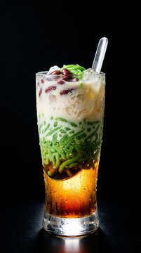 Traditional Indonesian Es Cendol Drink with Green Jelly and Coconut Milk