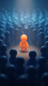 A single glowing orange human figure standing out in the center of a large crowd of dark blue silhouettes in a dim spotlight environment