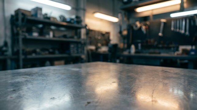 A close up view of a scratched metal workbench surface in a dimly lit workshop with blurred tools and shelves in the background environment