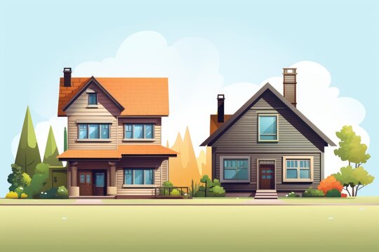 Residential homes standing along a street with green lawns and trees under a blue sky