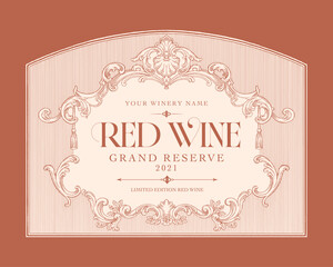 Obraz premium Ornate baroque wine label template with acanthus scrollwork and shell crest, vintage terracotta line art design for bottle packaging